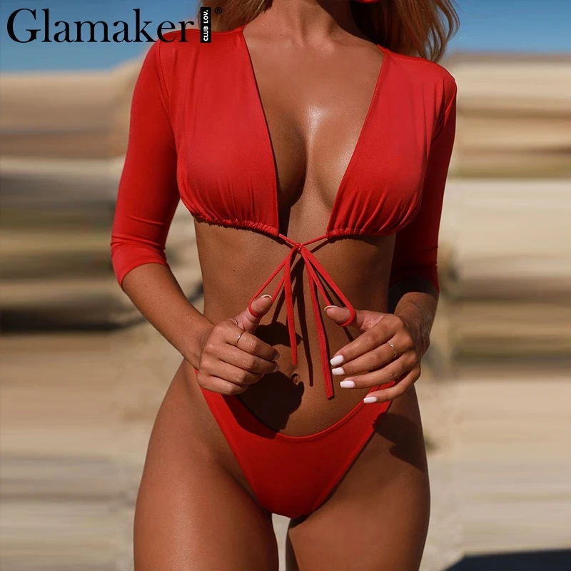 Glamaker сексуальный купальник с коротким рукавом женский высокой талией и