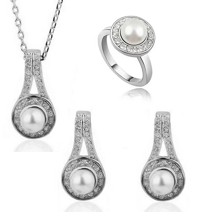 wholesale Austrian CRYSTAL pearl pendant fashion chain necklace stud earrings necklaces&amppendants Jewelry Sets free ship | Украшения и