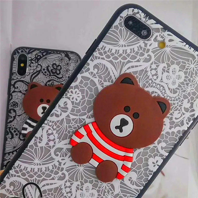 Luxury Back Cover For iPhone XR XS MAX 8 7 6s Plus Capa Coque Fundas Lace Flowers Pattern Smile Bear Brown Cartoon Phone Cases |