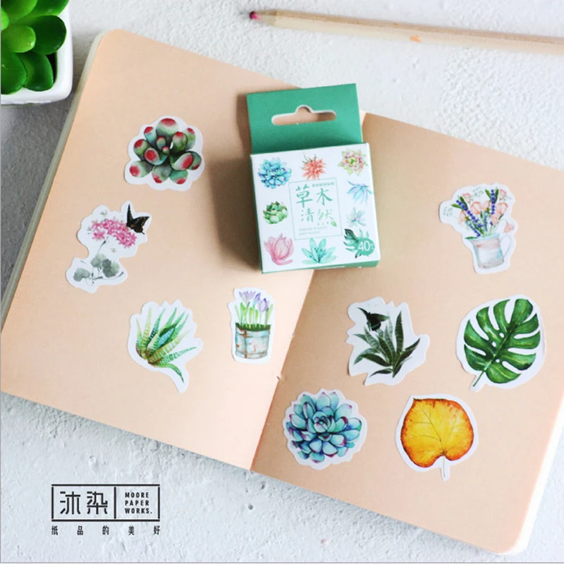 

40 pcs/Box Green Plants Adhesive Stickers DIY Decoration Decorative Stickers