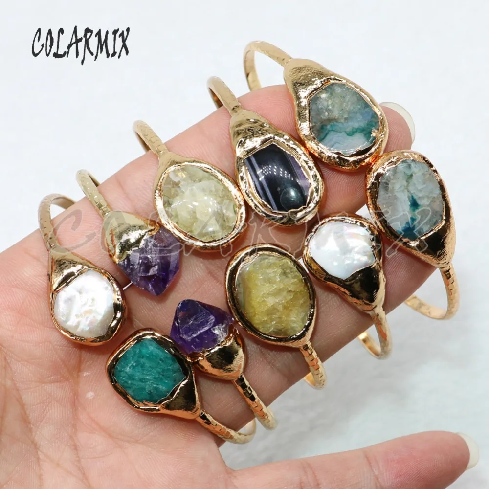 

4Pieces gold metal bangle pave natural stone Mix color stone jewelry bangle bracelet jewelry gift for lady4841