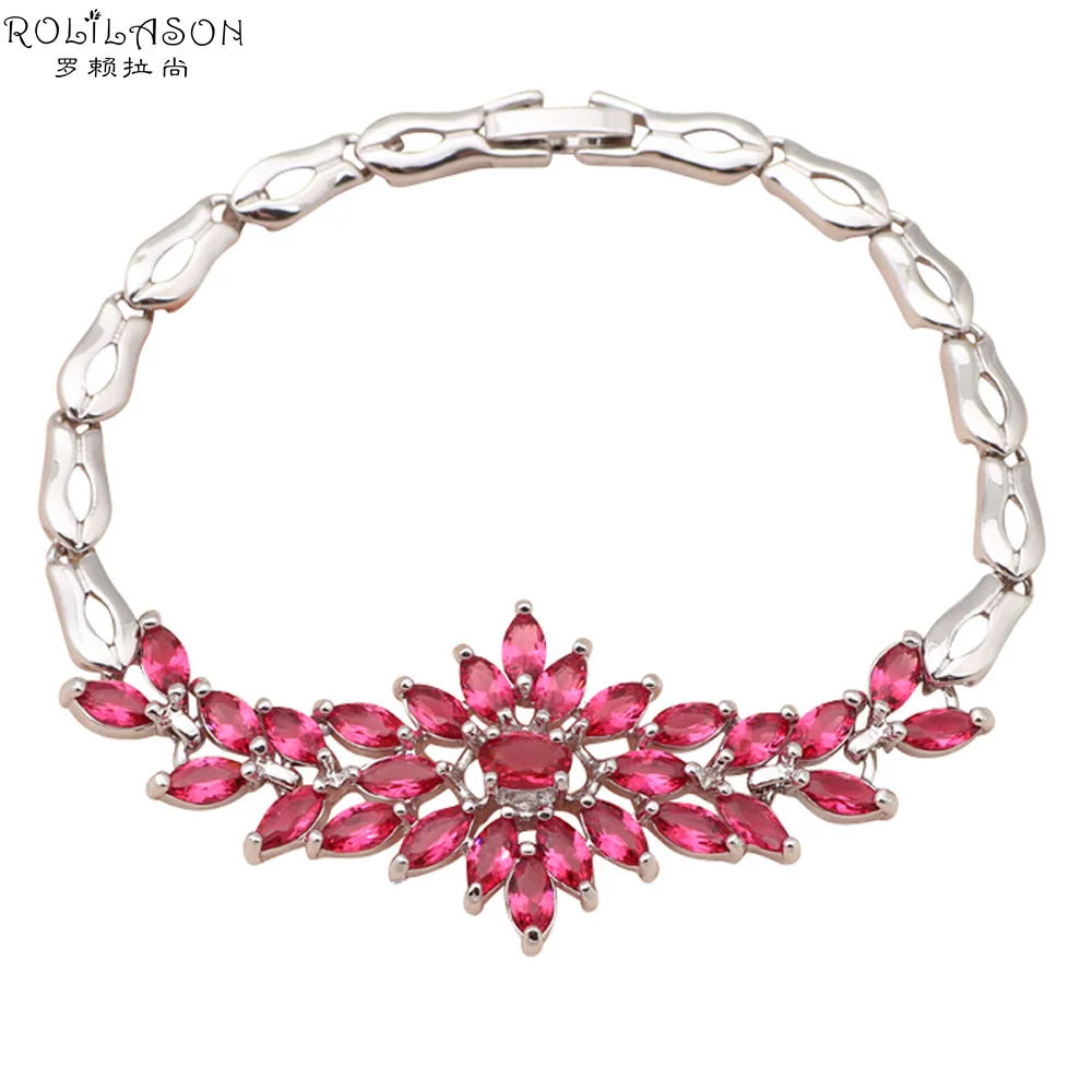 ROLILASON Необычные дизайн розовый Кристалл Циркон Серебряный браслет цепочка