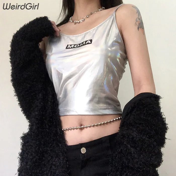 Weirdgirl, женские майки, светоотражающие, с буквенным принтом, сексуальные, модные, без рукавов, кроп-топы, уличная, тонкая, летняя, современная, женская, на бретелях, новинка