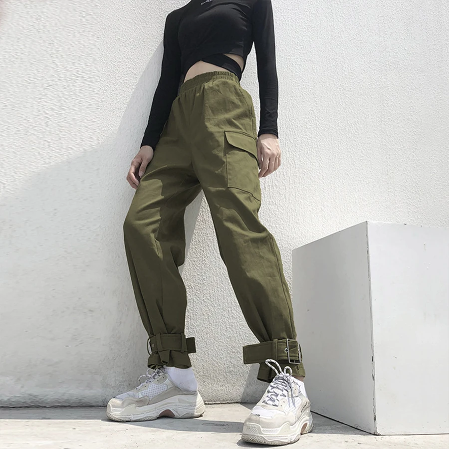 Женские брюки карго с высокой талией армейский зеленый цвет свободные для бега