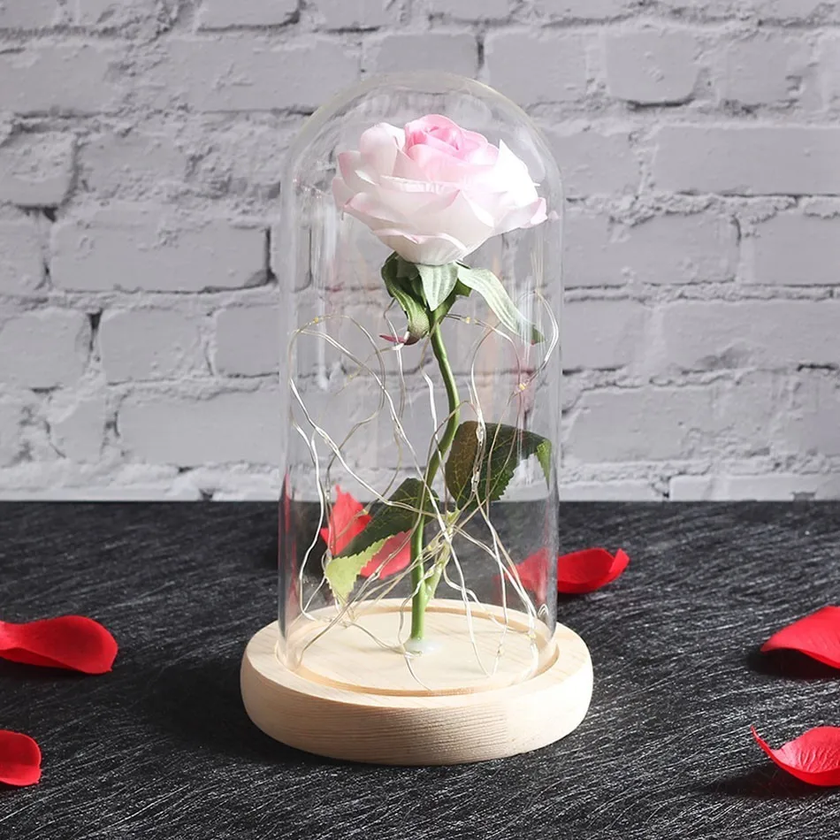 white with pink W Романтика вечная жизнь цветок стеклянная крышка красота и чудовище РОЗА светодиодная лампа; аккумулятор на день рождения День Святого Валентина подарок матери домашний декор - Цвет: white with pink W