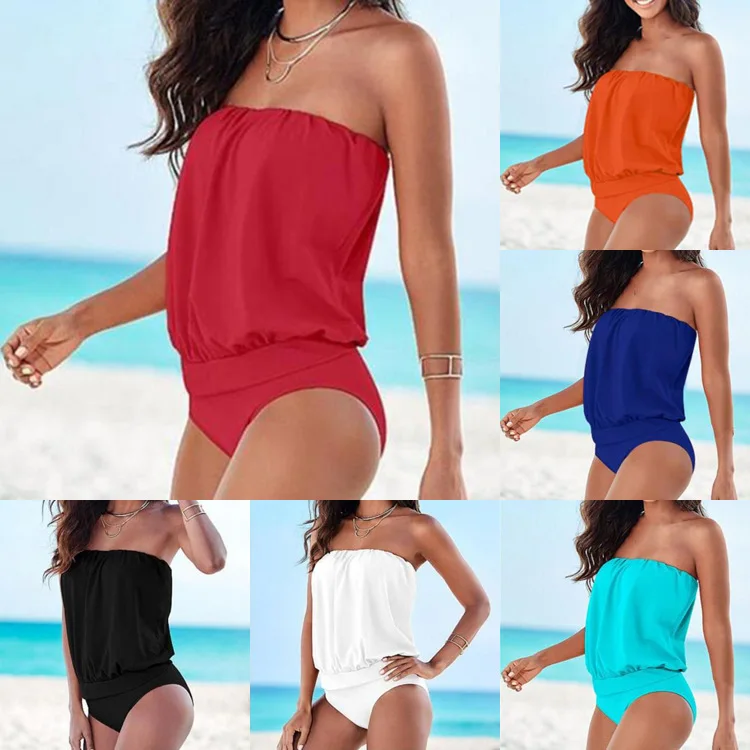 

Women Sexy One-Piece Swimsuit Beach Off Shoulder Strapless Bandage Swimwear Solid Color Female Bathing Bikini Fused Swimming Set