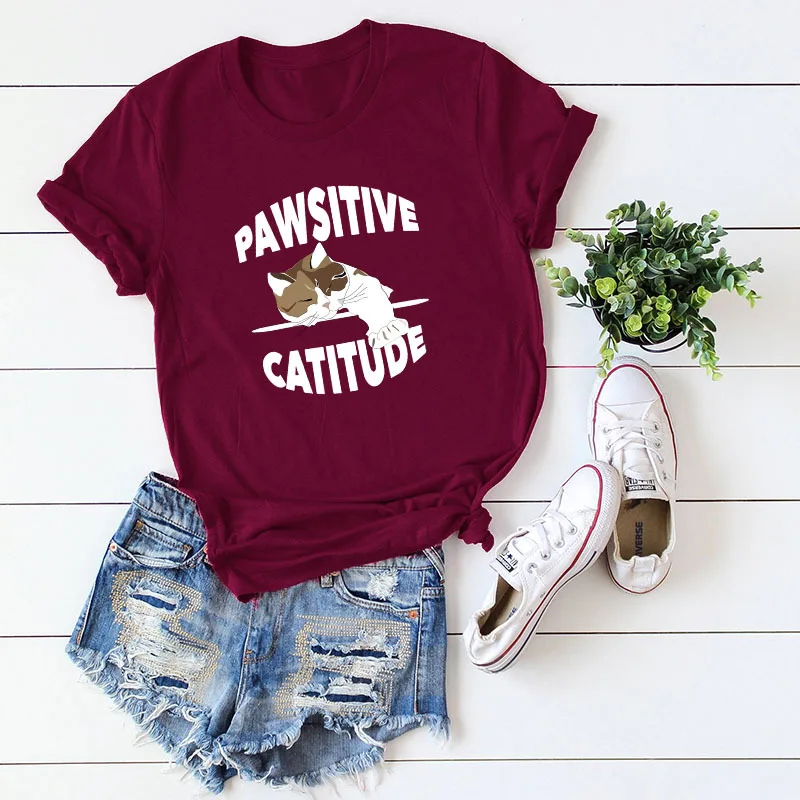 wine red S-5XL, хлопок, футболка с принтом, женские летние футболки с буквенным принтом, милые футболки с рисунком кота, большие размеры, топы с рисунками, новые свободные базовые футболки - Цвет: wine red