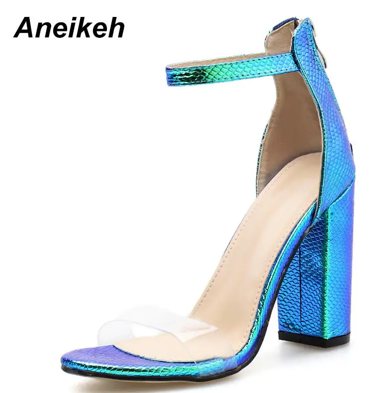 blue Aneikeh/ г., летняя Новинка, пикантная красочная змея, высокий квадратный каблук, модные полиуретановый прозрачный круглый носок, женские сандалии с открытым носком - Цвет: blue