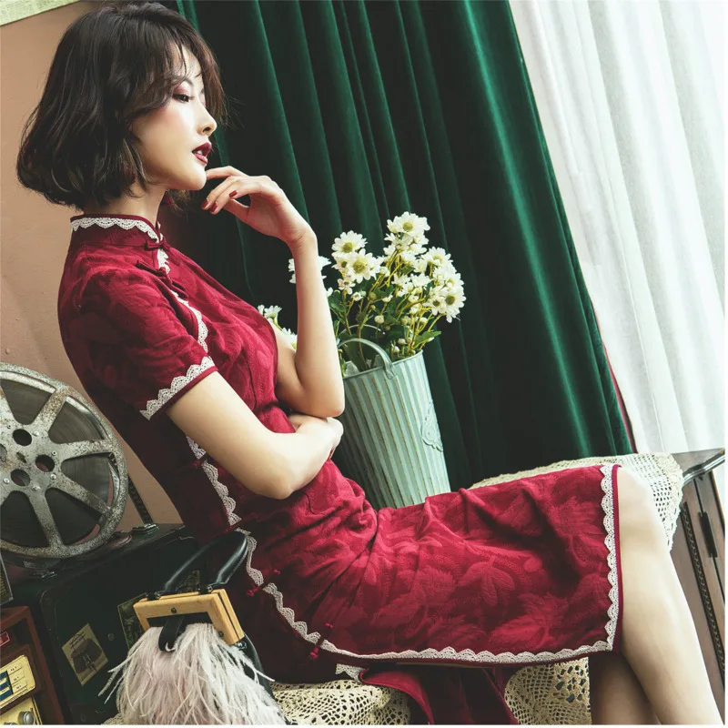 Sheng Coco модное Хлопковое платье Чонсам с кружевной подкладкой летние темно