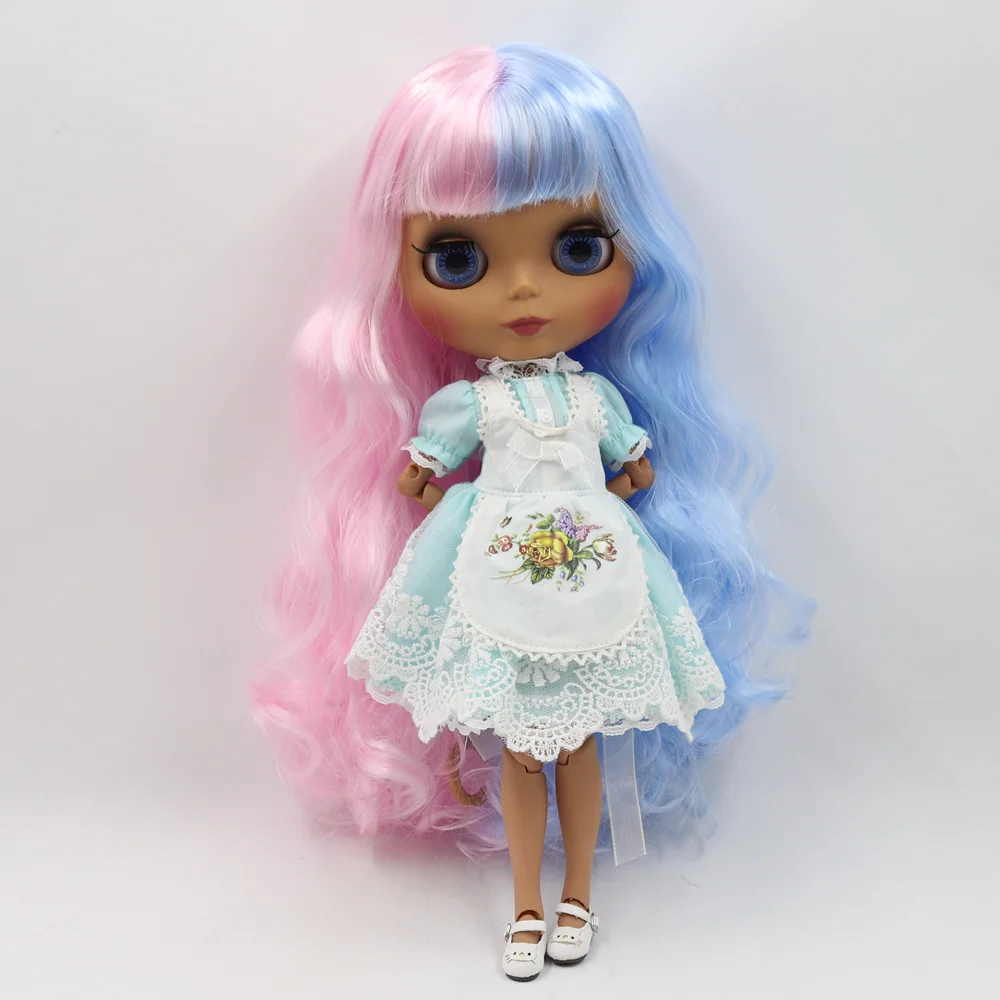 ICY DBS Blyth Doll 30cm dark skin matte face Cute blue pink mixed color curls 1/6 JOINT body SD DIY high quality toys gift | Игрушки и
