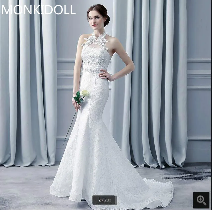 2017 стильное белое кружевное свадебное платье с лямкой на шее Русалка Кружева