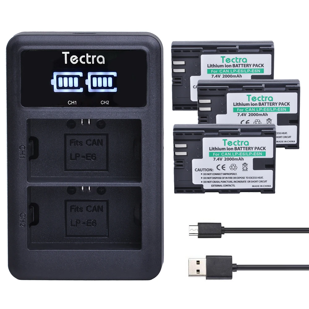 

Tectra LP-E6 LP E6 LP E6N 3 шт. цифровая батарея + светодиодный дисплей USB двойное зарядное устройство для Canon EOS 5DS R 5D Mark II 5D Mark III 6D 7D 80D