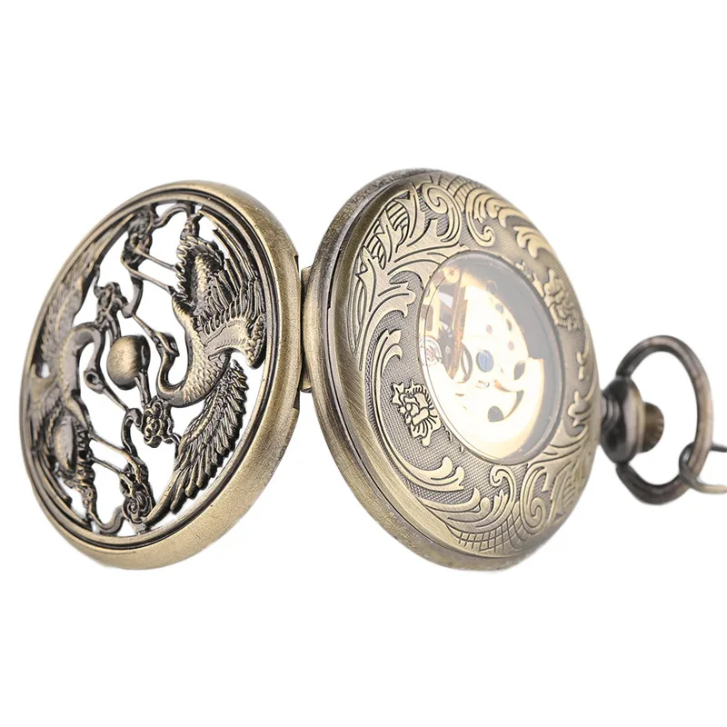 Топ класса люкс Механический ручной взвод карманные часы Бронзовый резьба Phoniex