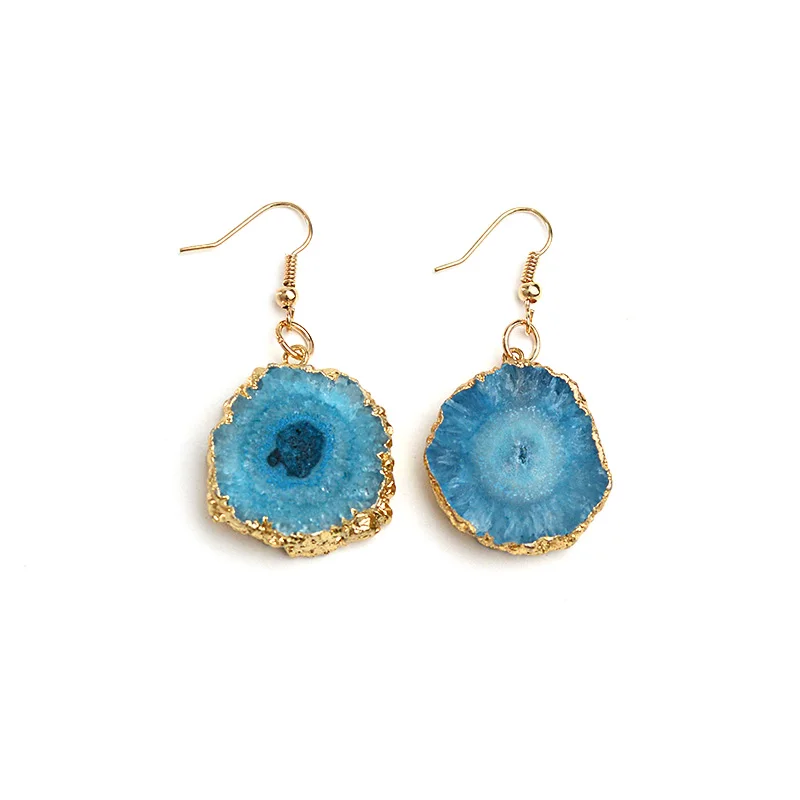 Light Blue BOJIU натуральный Druzy камень крючок для женщин трендовые Зеленый Фиолетовый Синий Drusy кулон золото медь висячие кольца EA055 - Окраска металла: Light Blue