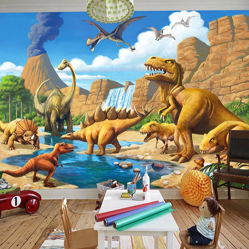 Mural De dibujos animados 3D personalizado, Papel tapiz De fibra De madera Fresco De dinosaurio para habitación De niños y guardería, Papel De pared Infantil 3D