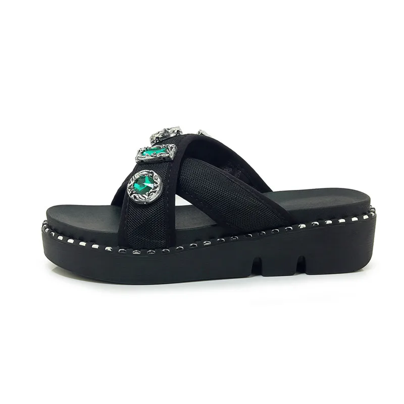 Женские сетчатые шлепанцы на танкетке роскошные Вьетнамки со стразами черные