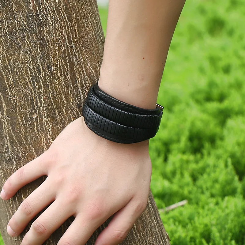 Мужской широкий браслет с двойной кожаной застежкой Винтажные Ювелирные