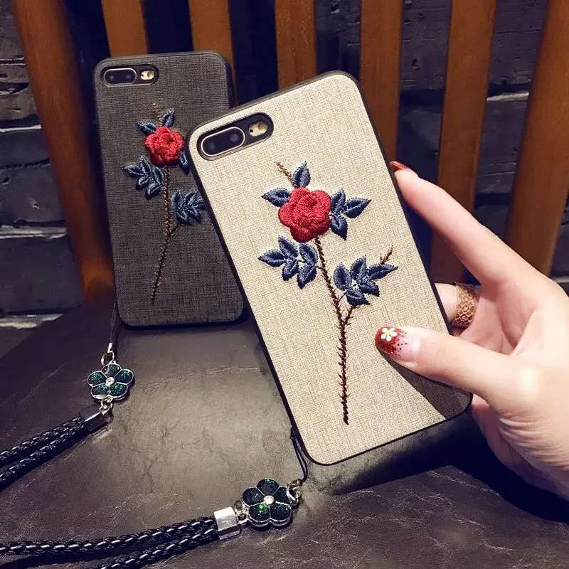 Guokos New Fashion 3D Rose Flower Embroidery Soft Silicone Case For iPhone X XS MAX XR Fabric iPhone6s 6 7 8 Plus Coque |