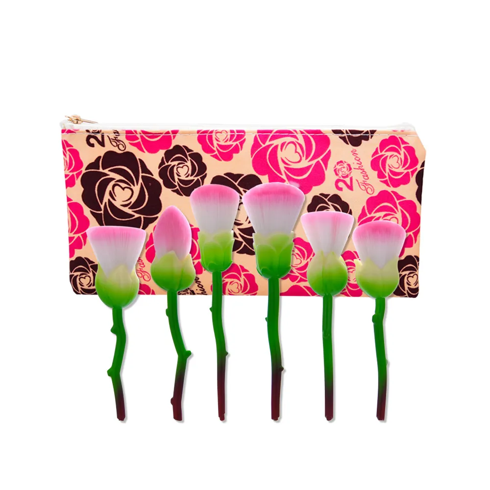 Розовый цветок форма пламени pro 6 шт кисти для макияжа набор румян с косметической