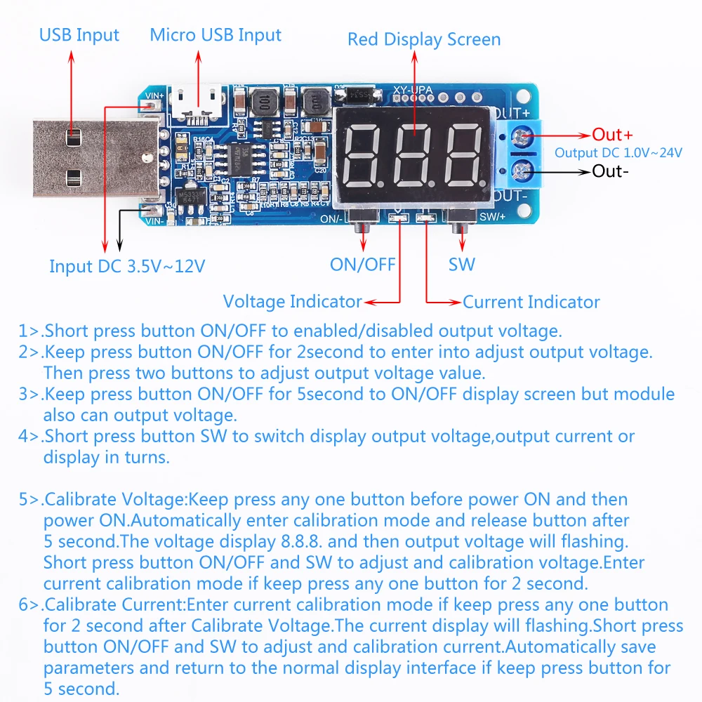 USB понижающий модуль питания DC 5 В до 3 12 дисплей Регулируемый преобразователь для
