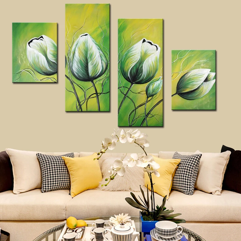 Идеальные абстрактные картины маслом с зелеными цветами 4 панели фотообои 100%