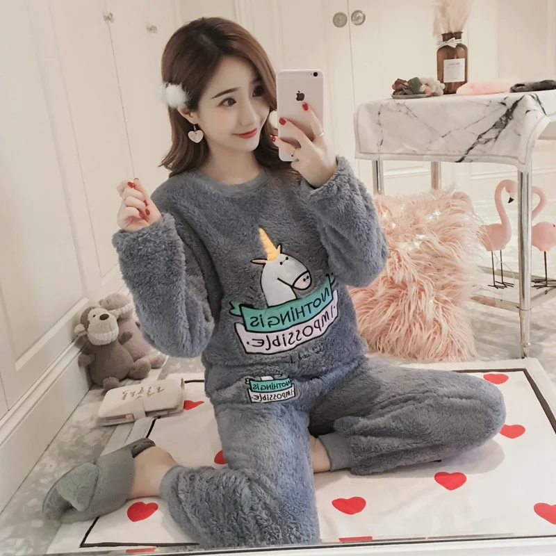 JINUO продукт милый мультфильм Единорог для женщин зима коралловый флис пижамы наборы для молодых девушек Теплый Прекрасный мягкий Домашняя одежда пижамы