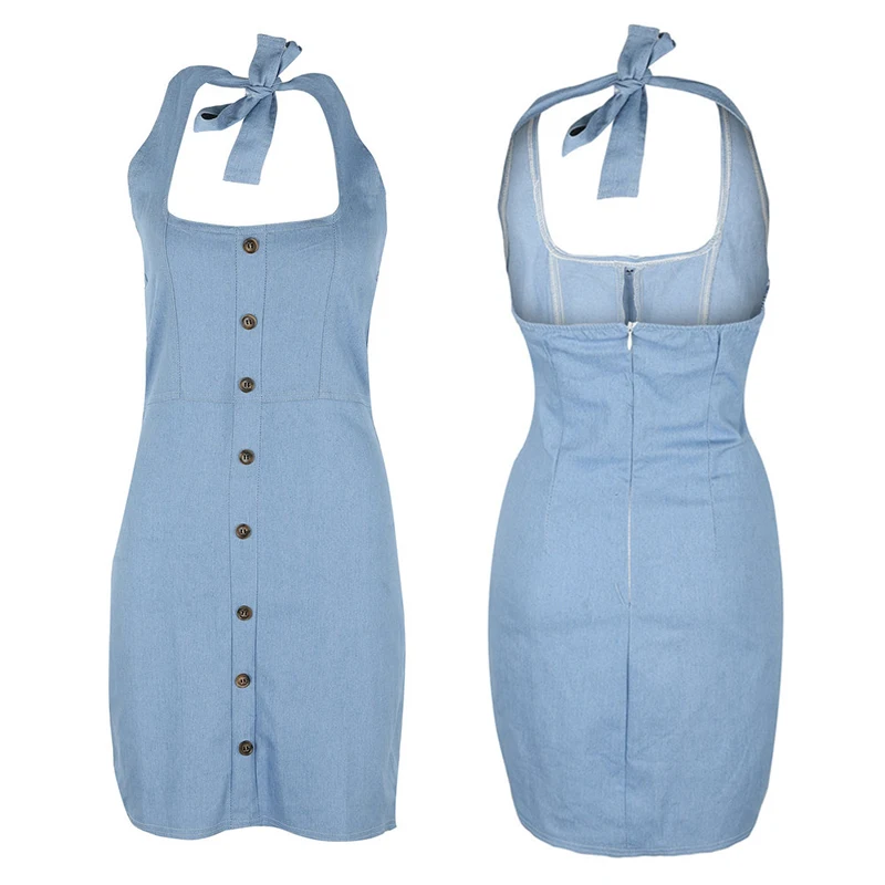 Blue Dress Summer Women Halter neck Backless Evening Bandage Denim Party Clubwear Cocktail Bodycon Fashion 2019 | Женская одежда