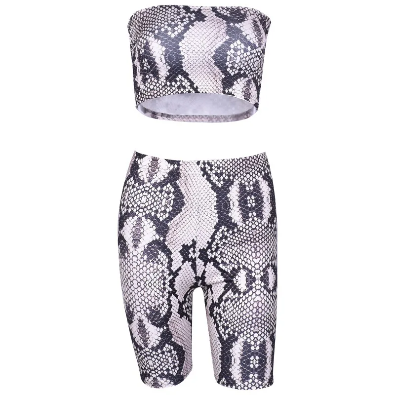 

Women Sexy Snake Skin Print Two Piece Set Strapless Crop Top And Biker Shorts Off Shoulder Casual
