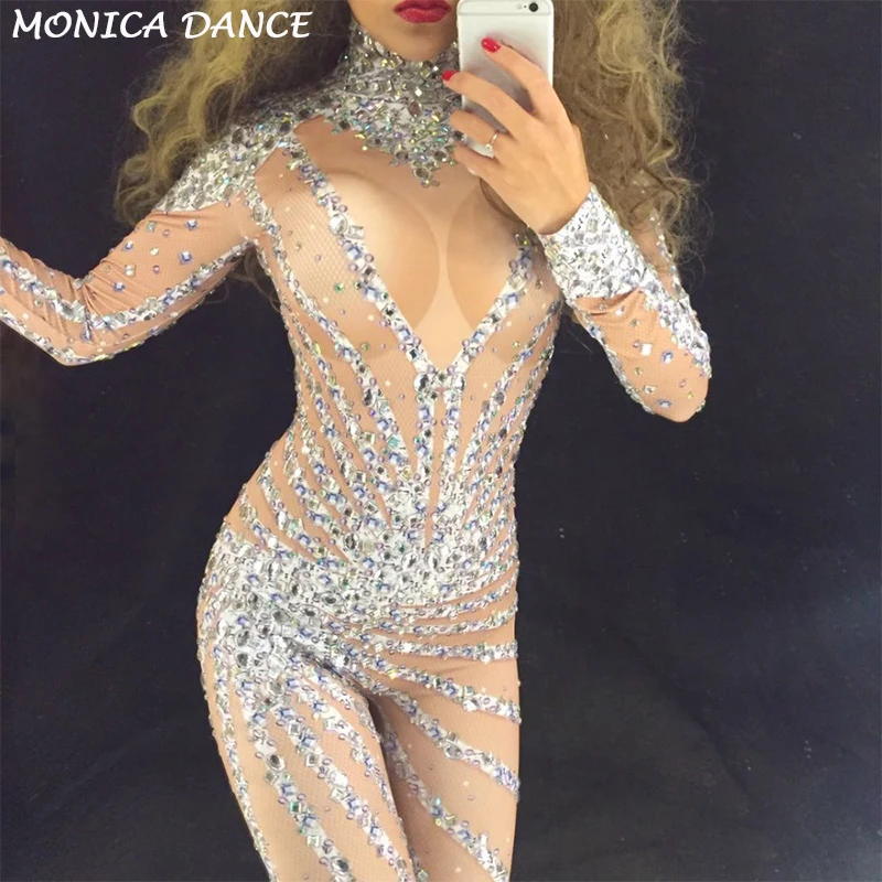 

Women Stage Costumes for Singer Crystals Jumpsuits Long Sleeve jumpsuit Performance Party Celebrate Luxurious Shining Costume