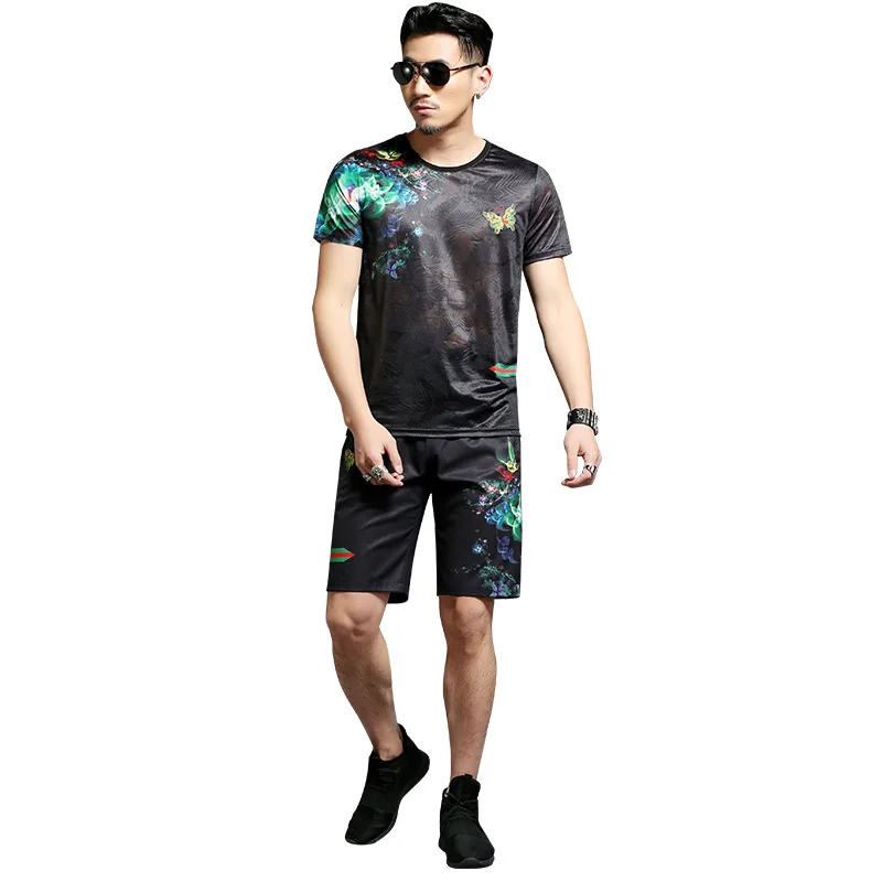 

Bright flower butterfly printing fashion casual t shirt and shorts suit Summer 2018 New quality soft breathable mens short sets