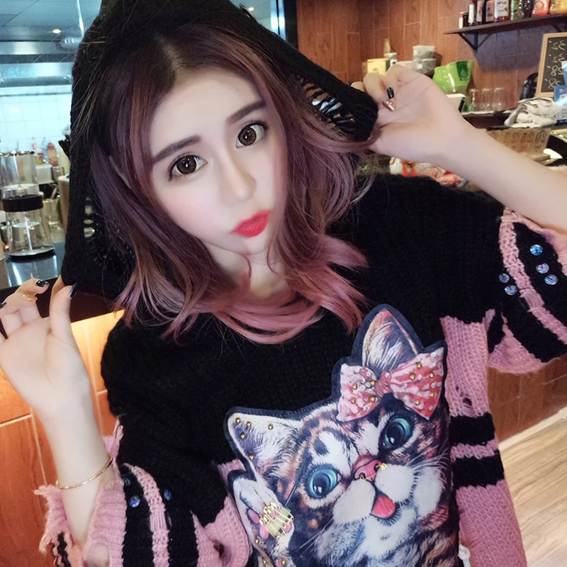 7Mang 2018 Women Sweet Black Long Sweater O Neck Loose Cartoon Cat Knit Pink Harajuku Cute Fringe Sweaters 1222 | Женская одежда