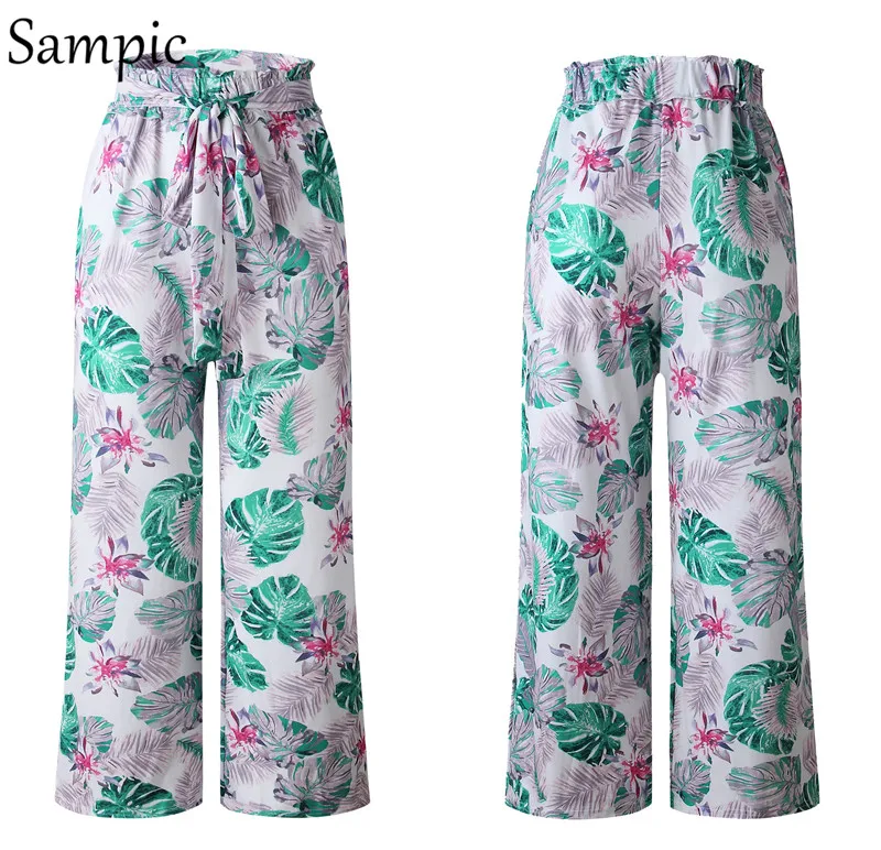 Sampic широкие брюки с высокой талией женские свободные пляжные Boho женские брюки повседневные брюки с цветочным принтом розовые пояса летние длинные брюки