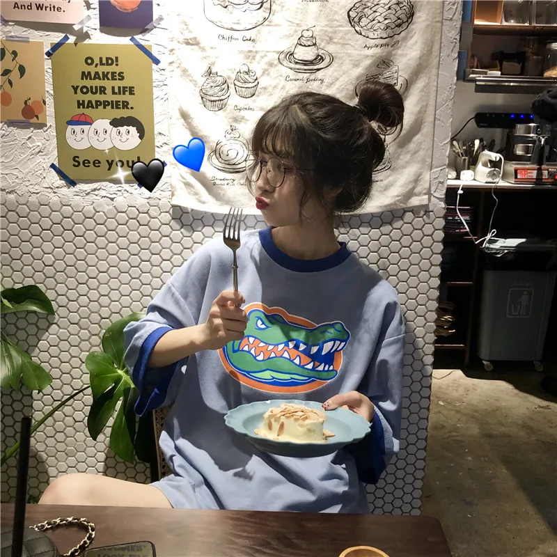 Модная летняя футболка женская одежда корейский стиль Ulzzang Harajuku футболка с коротким рукавом женская Повседневная Зеленая Футболка Топ