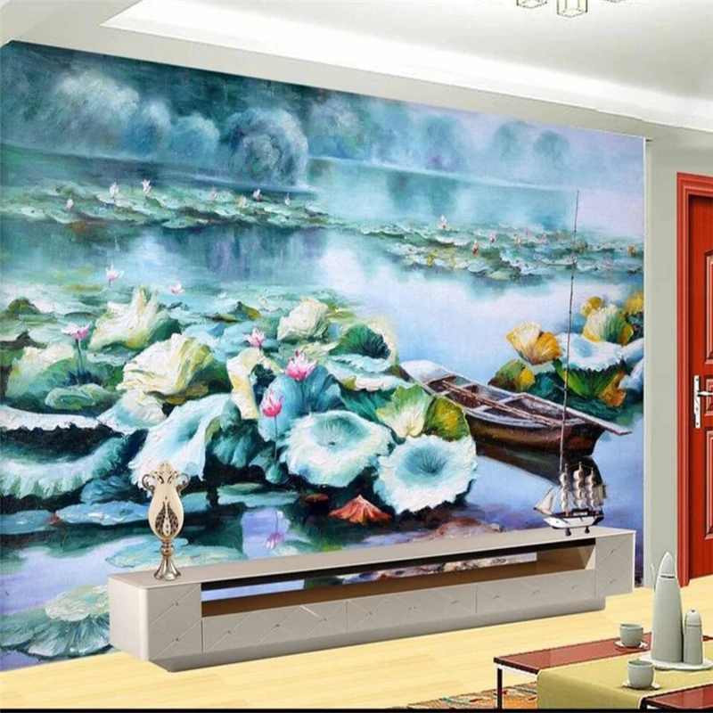 

beibehang Lotus pond a boat TV sofa background wall custom large fresco silk silk cloth environmental wallpaper papel de parede
