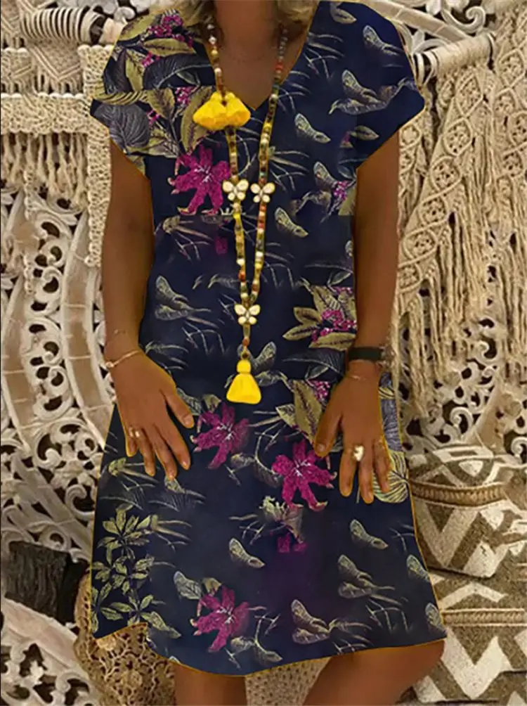 large size Women's Dresses 2019 Fashion print V-neck dress Boho Clothes Sundress Summer loose short-sleeved Plus Size | Женская