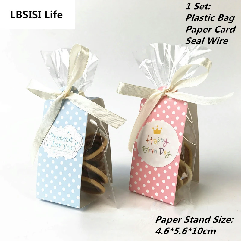 LBSISI Life, 20 комплектов, пластиковые упаковочные пакеты для печенья, конфет, хлеба, коробки, розовые, синие, в горошек, прозрачные, вечерние, для подарка, шоколада, свадьбы, самостоятельно стоящая сумка