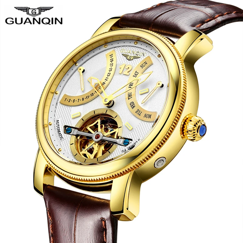 

GUANQIN 2020 Mechanical Automatic clock waterproof gold Brand Luxury Watch Men Tourbillon Watch week month display Wristwatch