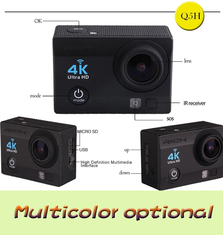 Богатая Экшн-камера Q5H pro 4 K, WiFi, Ultra HD, Full 1080 P, Экшн-камера s, водонепроницаемая подводная камера, камера на шлем, Спортивная камера s go