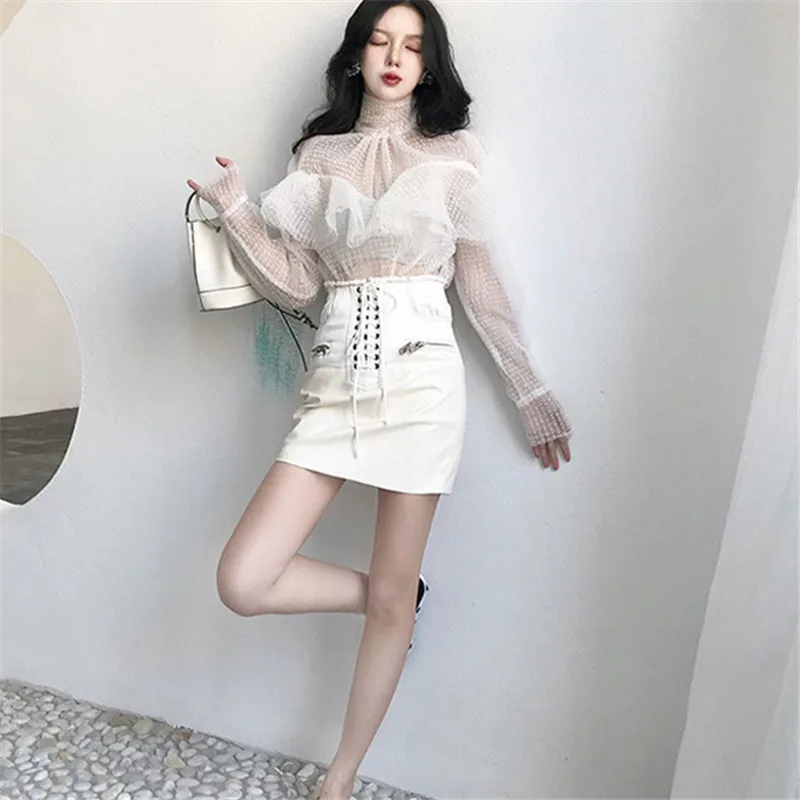 Korobov 2019 Новое поступление для женщин Блузка Стенд Collor горошек сетки Blusas корейский