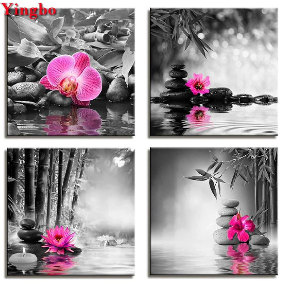 

4 pcs Diamond Painting Black Stone orchid flower Painting 5D DIY Mosaic Diamond Embroidery sale Full Square Round drill diamond