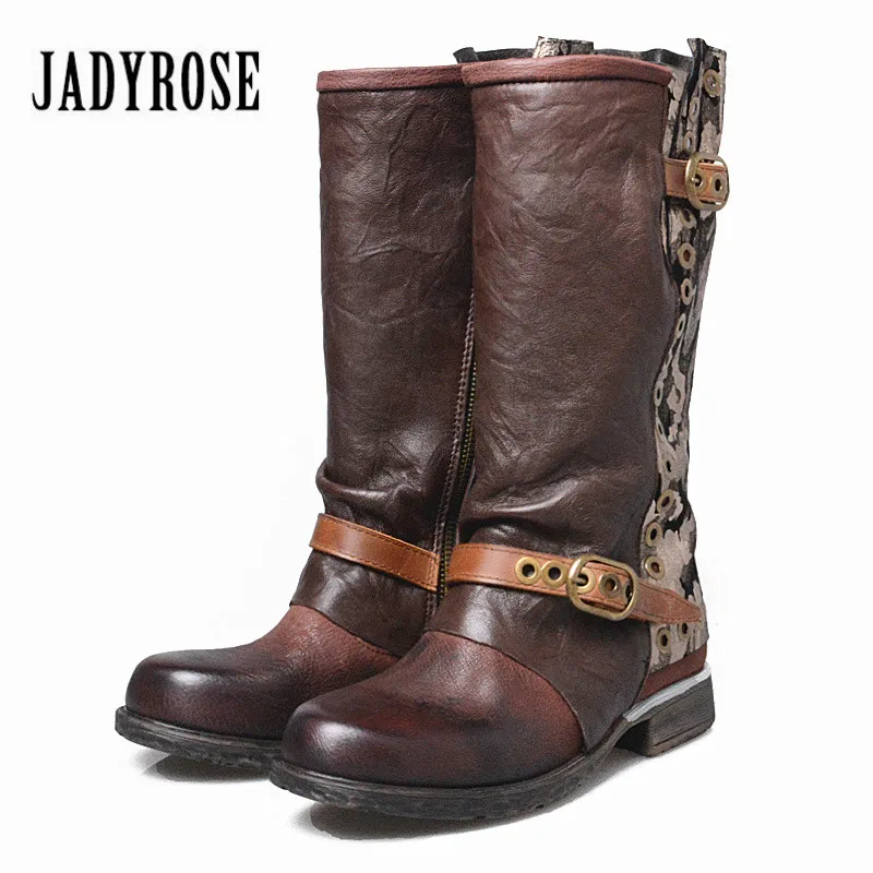 Jady/женские зимние сапоги из натуральной кожи; Vinatge; сапоги для верховой езды; обувь на плоской подошве; резиновые сапоги до середины икры на платформе с заклепками; Botas Militares