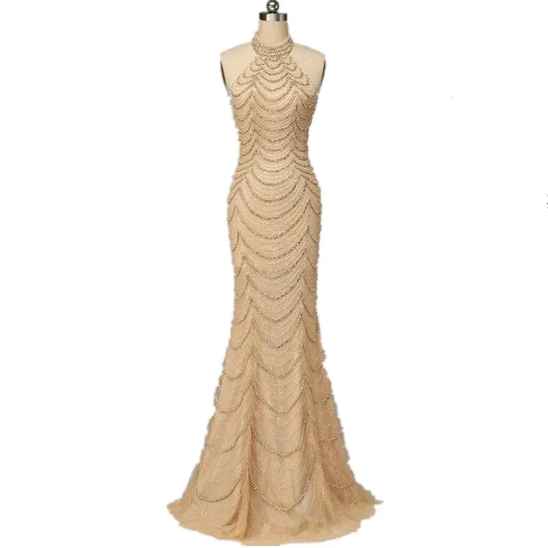 Heavy Handwork Beading Long Evening Dresses 2017 High Neck Shining Crystal mermaid  prom dress Formal Occasion Real Picture