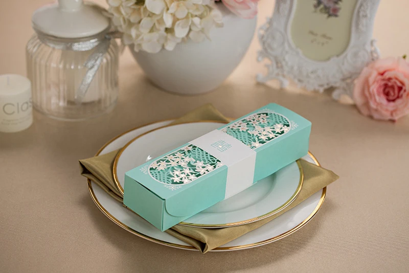 50 шт. Tiffany Blue, Свиток, лазерная резка, упакованная коробка для свадебных приглашений с узлом-бабочкой, для печати, свадебные украшения, принадлежности