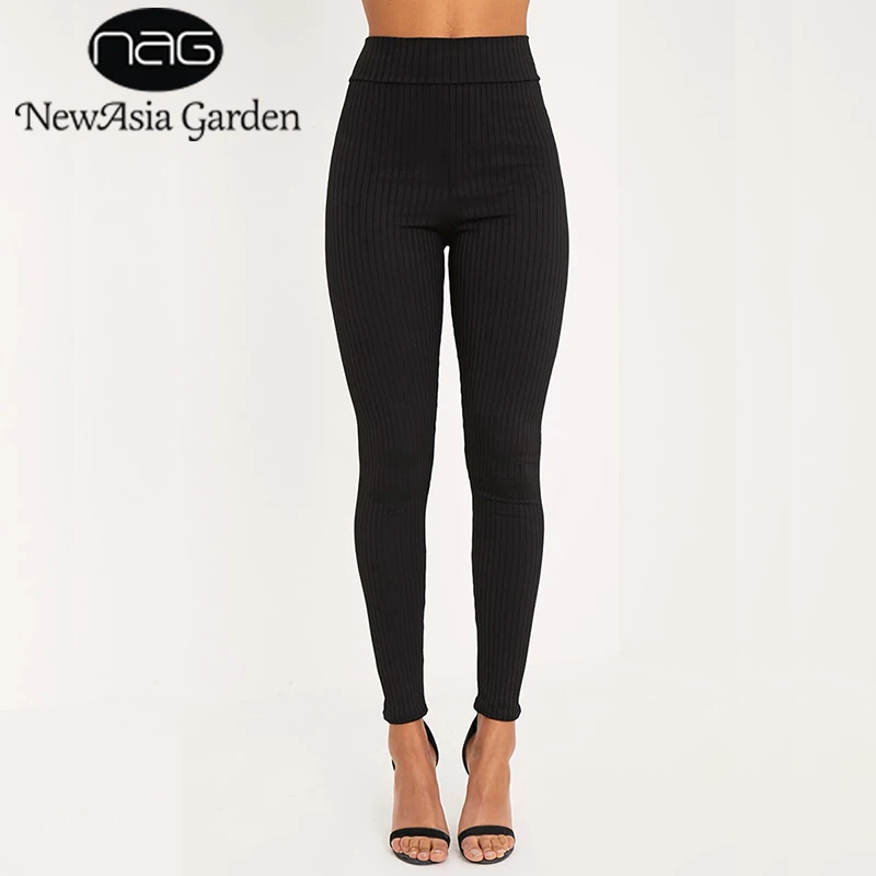 Зимние леггинсы в рубчик с высокой талией Стрейчевые женские брюки черного цвета