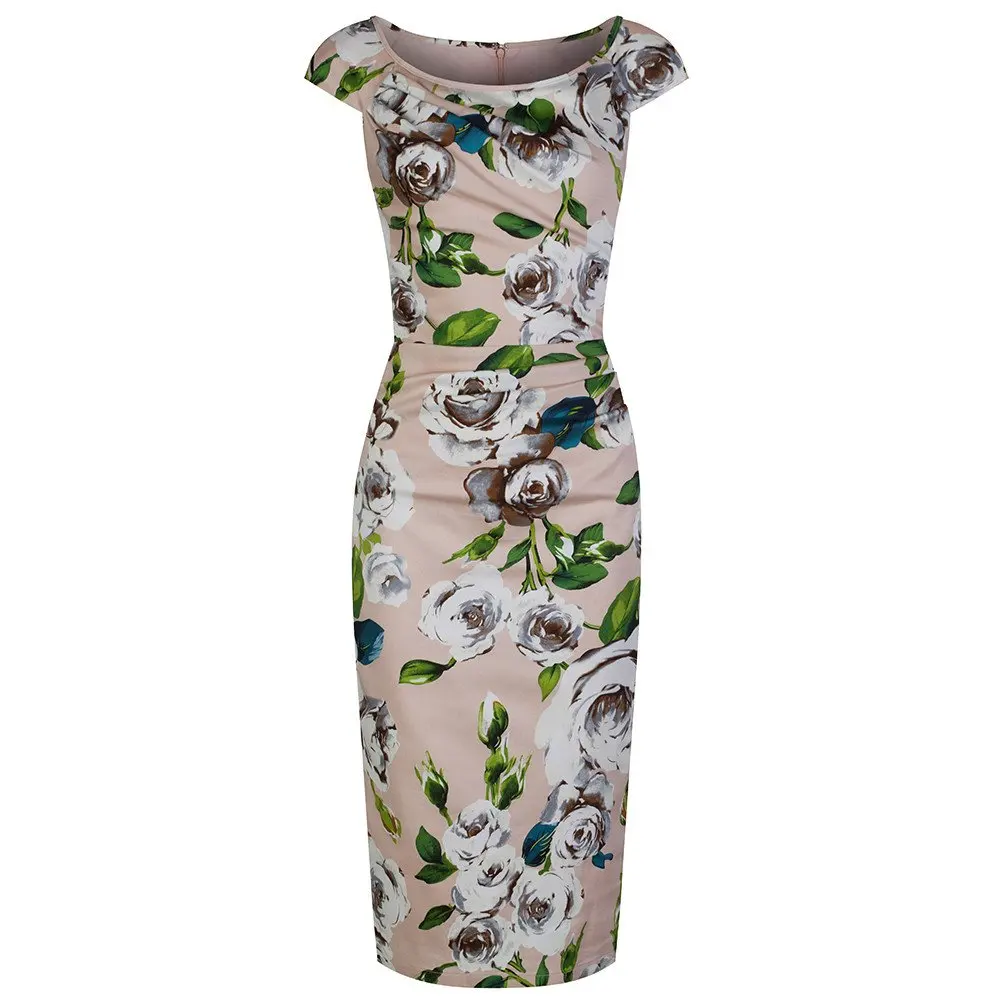 Летние женщины старинные 50 s розовый камелия ruched покачиваться карандаш dress плюс