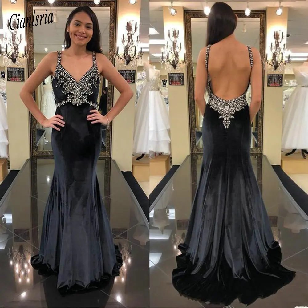 

2020 Velvet Bling Mermaid Prom Dresses Spaghetti Straps Beading Crystal Sleeveless Open Back Floor Length Long Evening Dresses