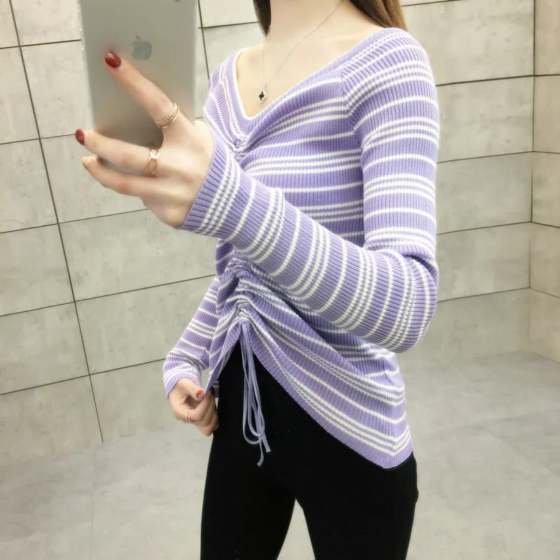 Sweater Women Autumn New Fashion Lady Loose Striped Knitted V-neck Pullover Bandage Elastic | Женская одежда