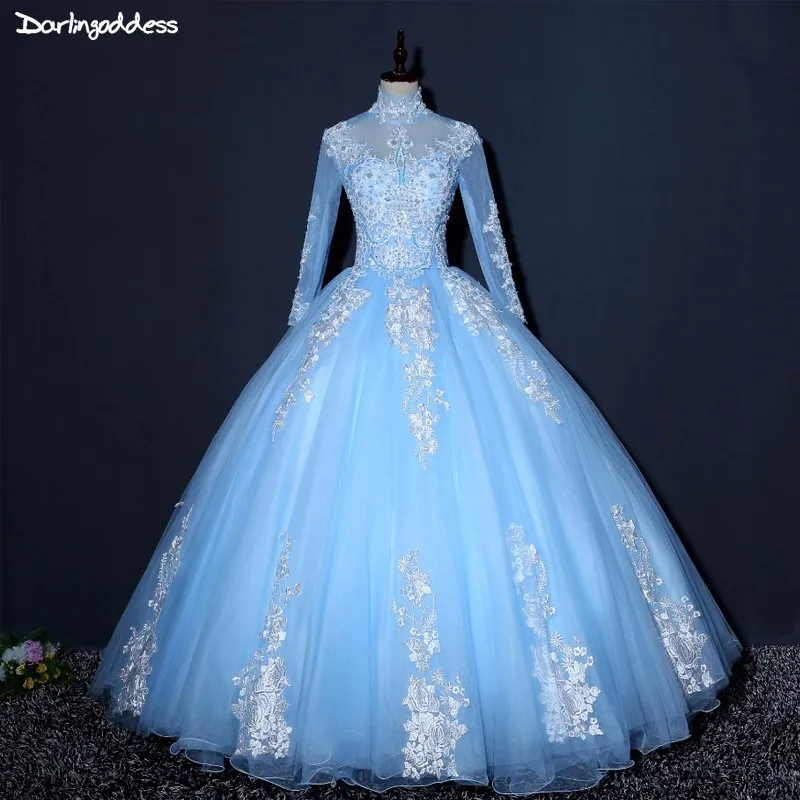Vestido de Novia, мусульманское свадебное платье с длинным рукавом, бальное платье, свадебное платье с высоким воротом, голубые кружевные свадебные платья с аппликацией