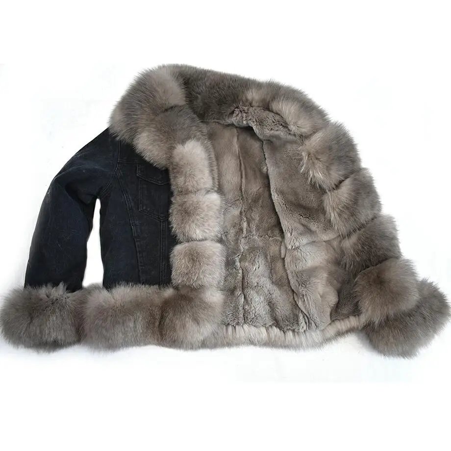 

2021Women's latest natural fox Real fur Short denim jacket Cotton lining Rabbit Lining Denim jacket European