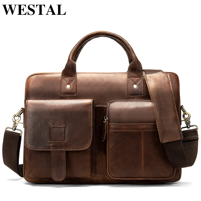 

WESTAL men's briefcase bag men's genuine Leather laptop bag office bags for men business porte document briefcase handbag 8503